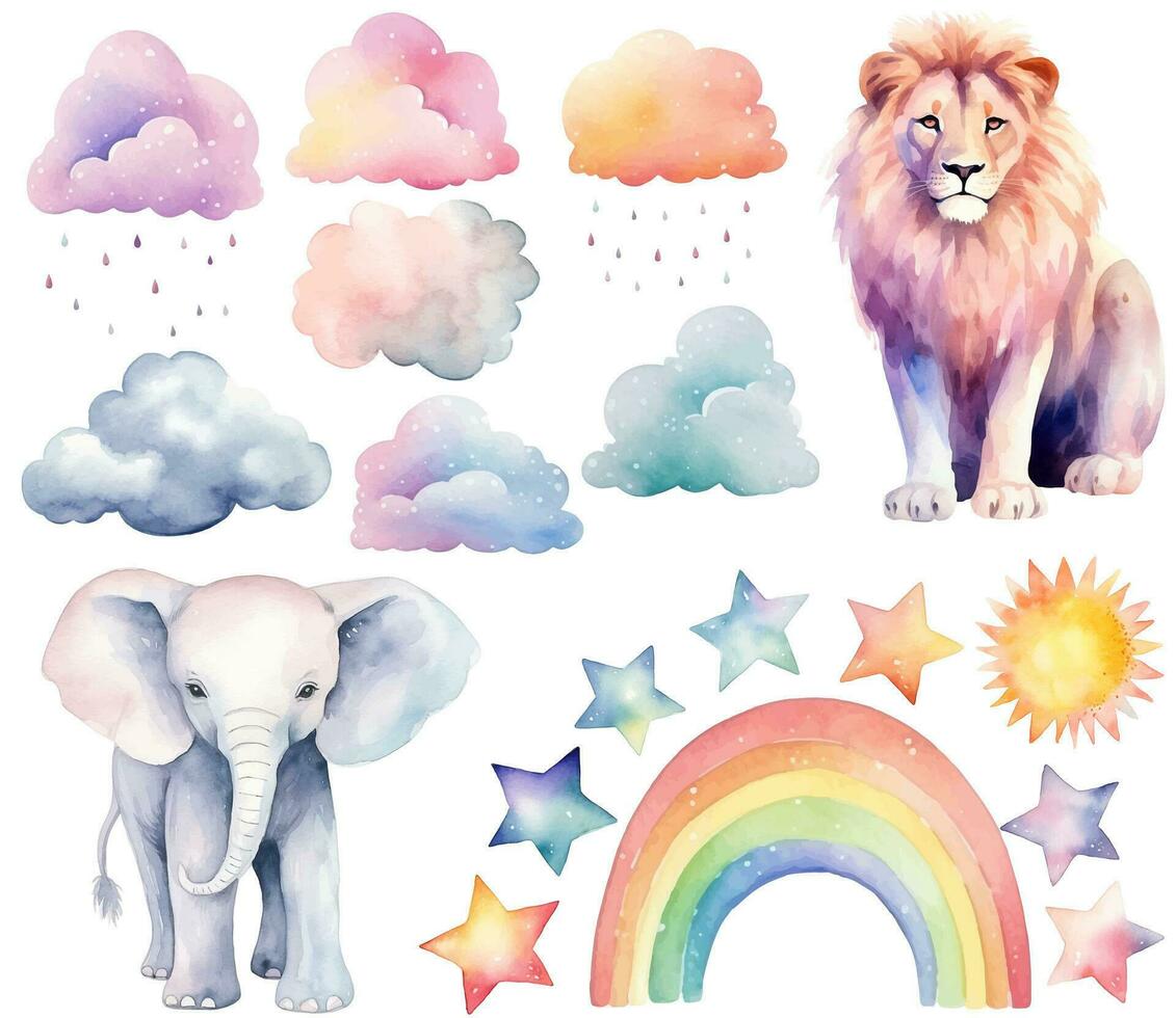 acquerello Leone, elefante. impostato di vettore mano disegnato asilo elementi, nuvole arcobaleno, stelle, parete adesivi