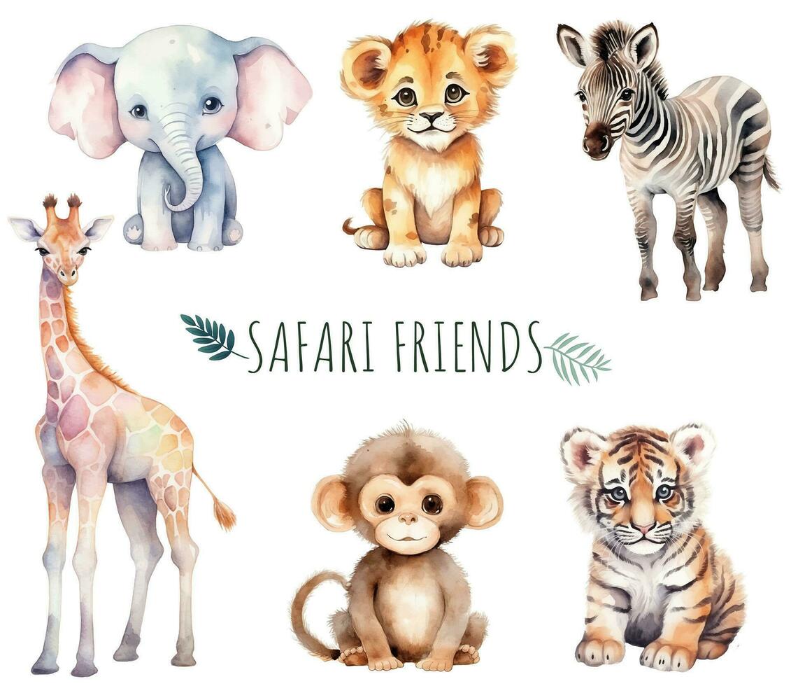 selvaggio safari bambino animali acquerello. africano zebra, elefante, tigre, bambino Leone mano disegnato vettore impostare.