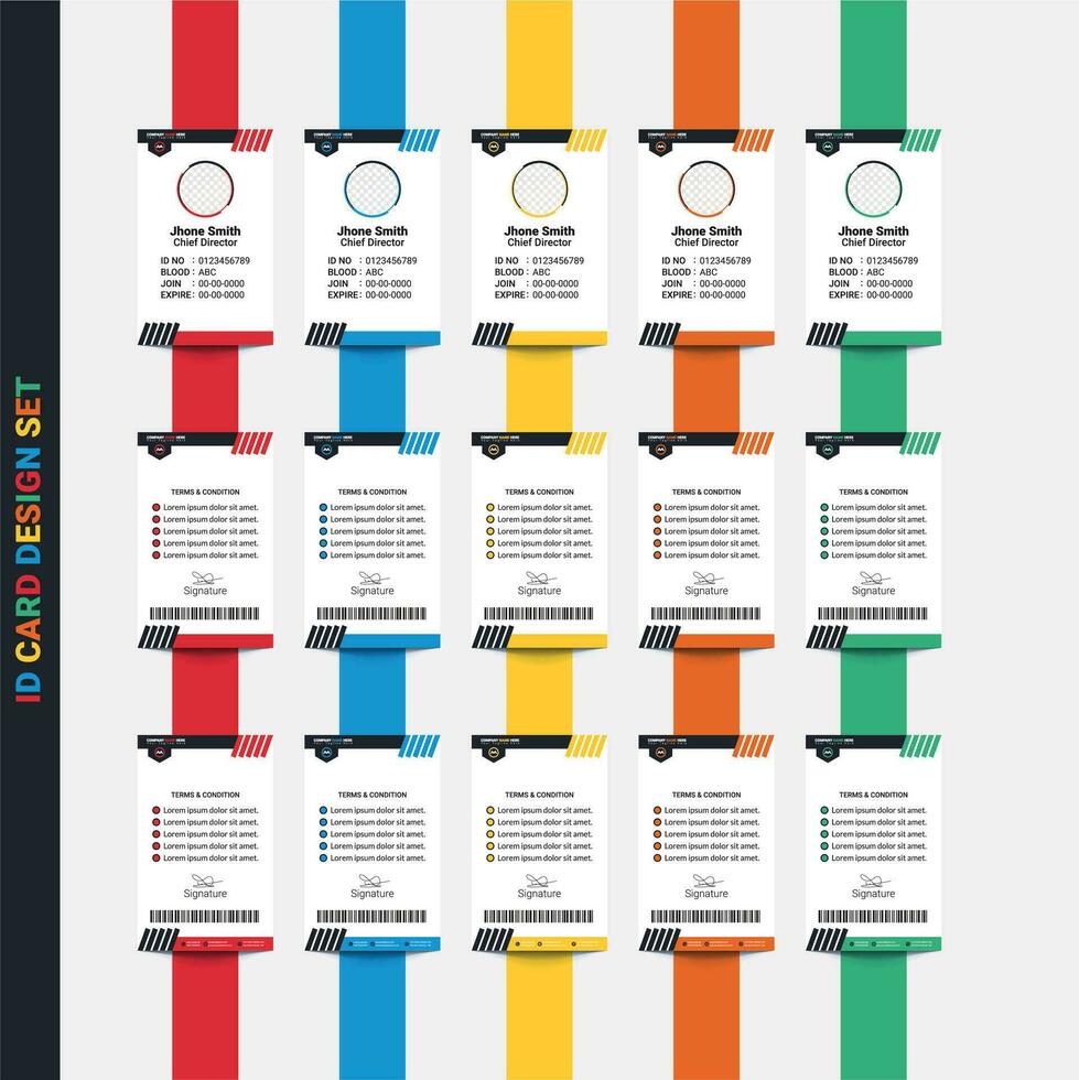 aziendale verticale id carta dimensione modello. aziendale verticale id carta dimensione impostato con blu, rosso, giallo, arancia e verde colore. vettore