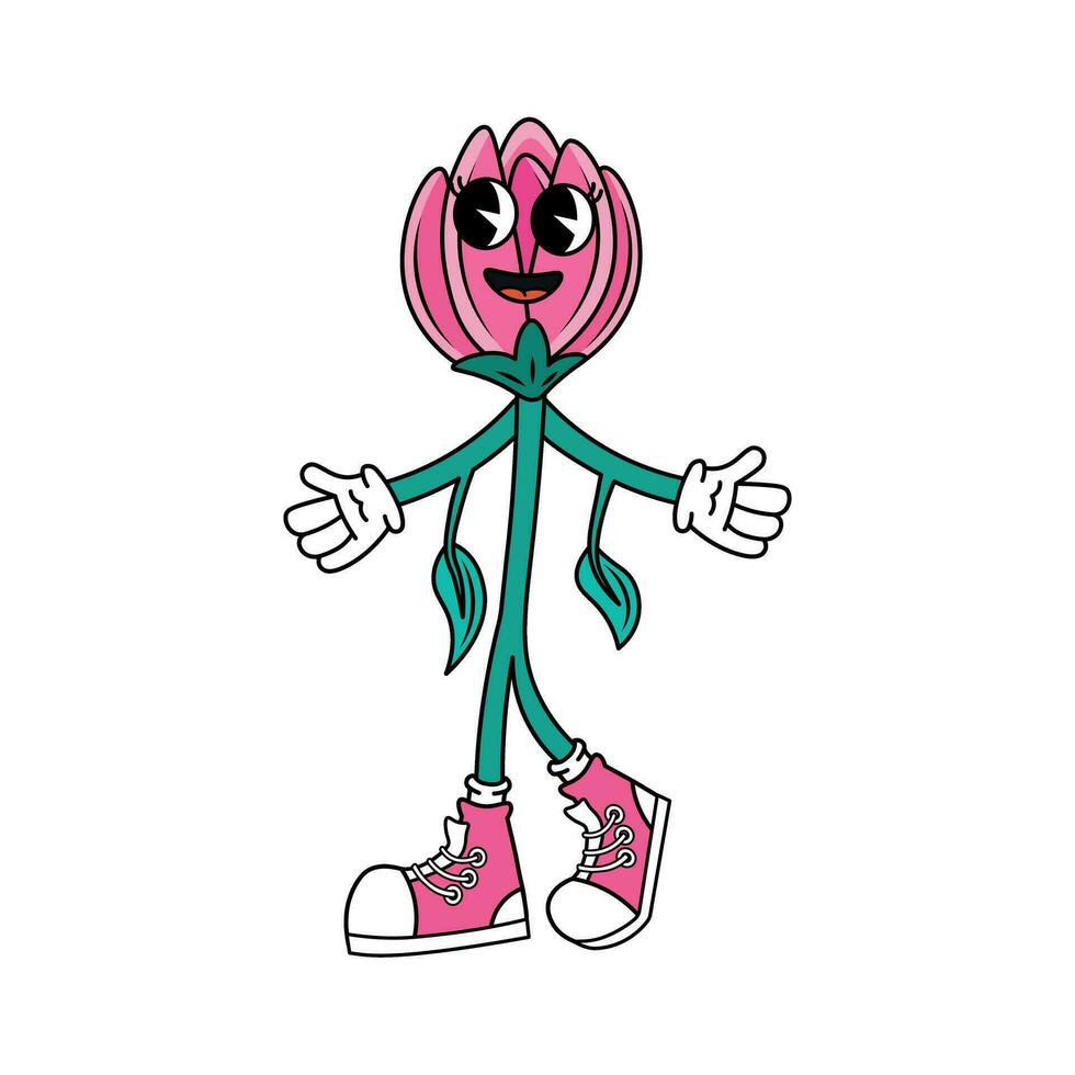 fiore personaggio nel 70s cartone animato stile vettore