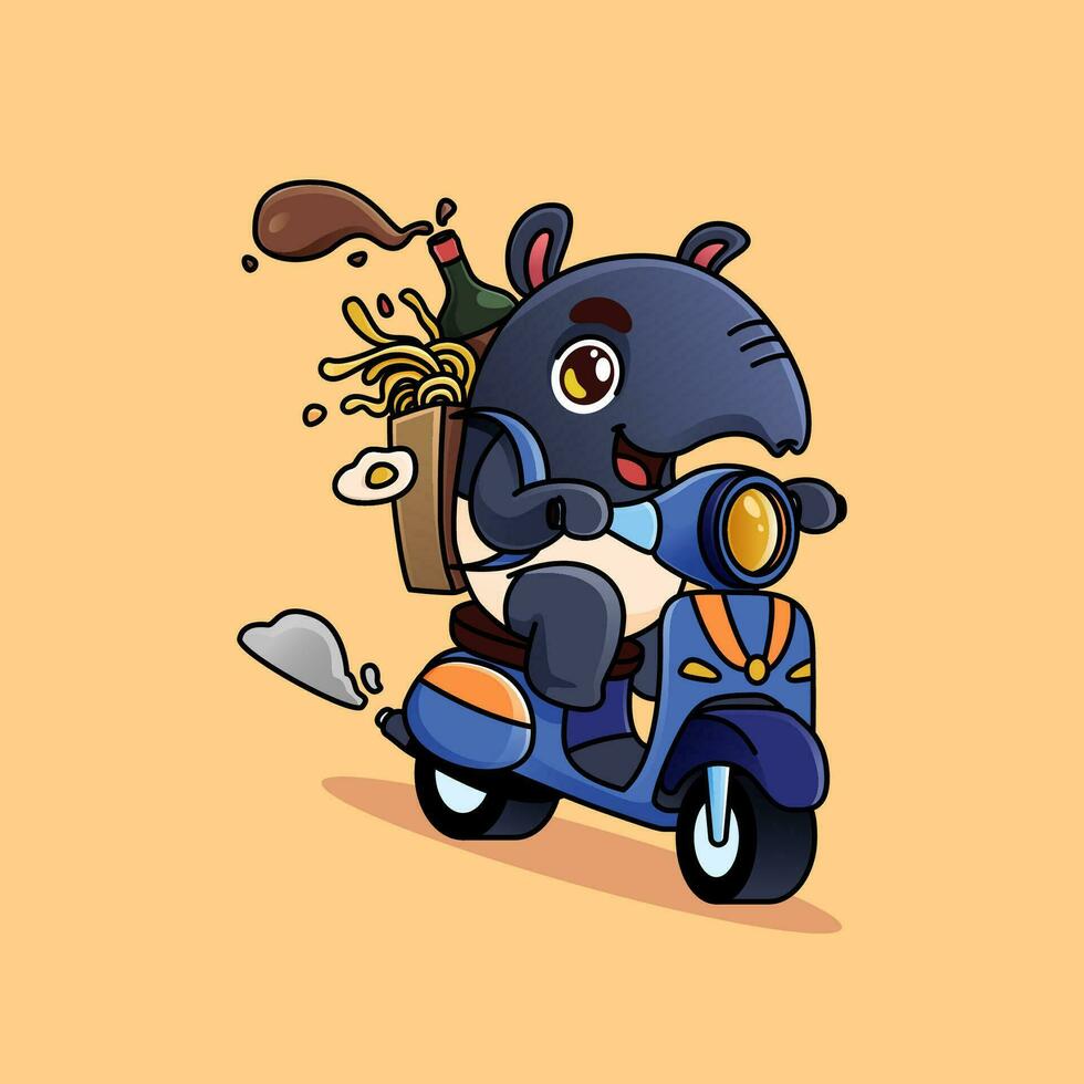 carino cartone animato tapiro portafortuna cavalcata scooter consegna ramen, uovo e salsa. adorabile cartone animato portafortuna illustrazione vettore