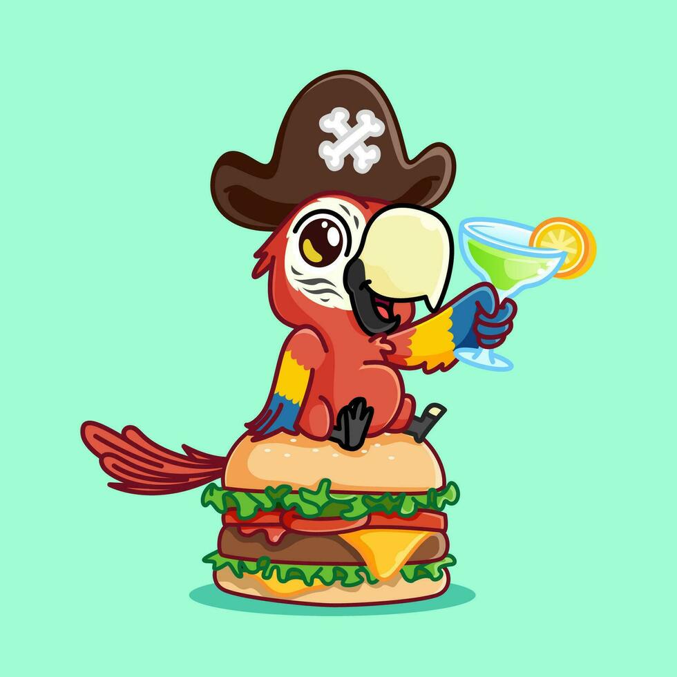 carino cartone animato ara uccello portafortuna sedersi su hamburger e hold cocktail uso pirata cappello.adorabile cartone animato portafortuna illustrazione vettore