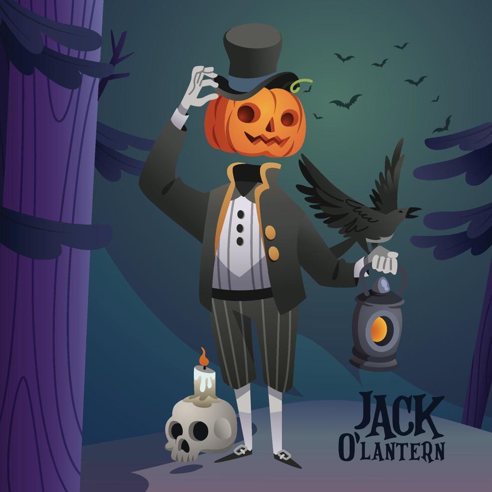 jack o lantern festeggia halloween con il suo corvo vettore