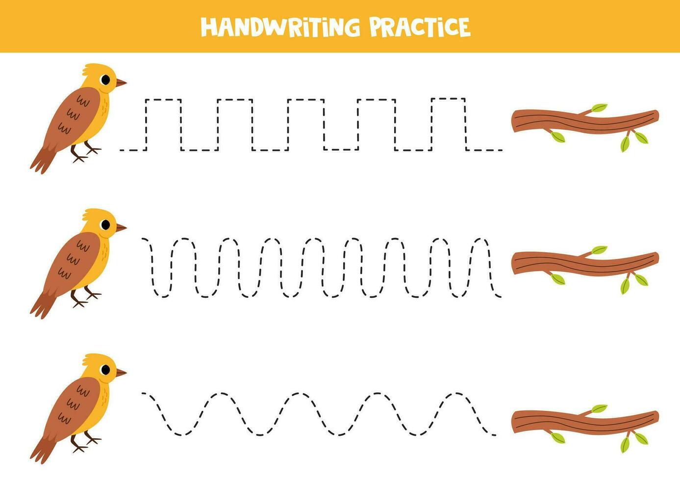 tracciato Linee per bambini. carino cartone animato zigolo giallo uccello e albero ramo. grafia la pratica. vettore