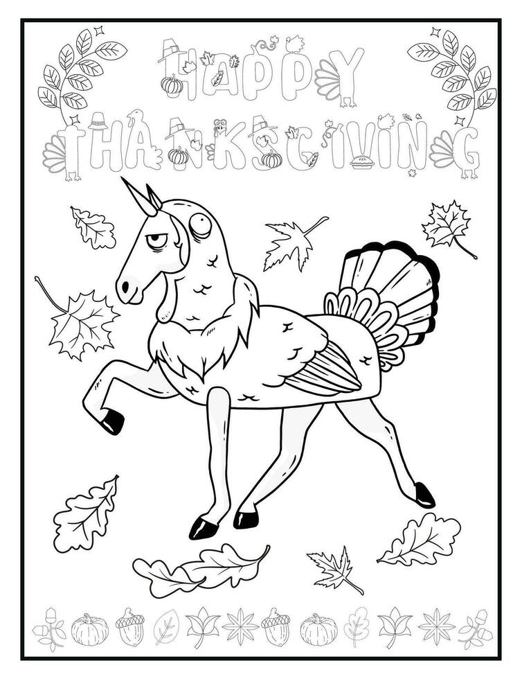 ringraziamento unicorno tacchino colorazione pagine - colorazione lenzuola - contento ringraziamento giorno vettore