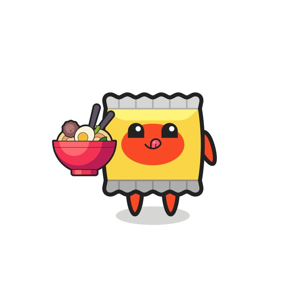 simpatico personaggio snack che mangia noodles vettore