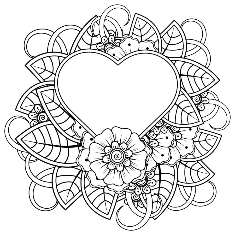 fiore mehndi con cornice a forma di cuore vettore