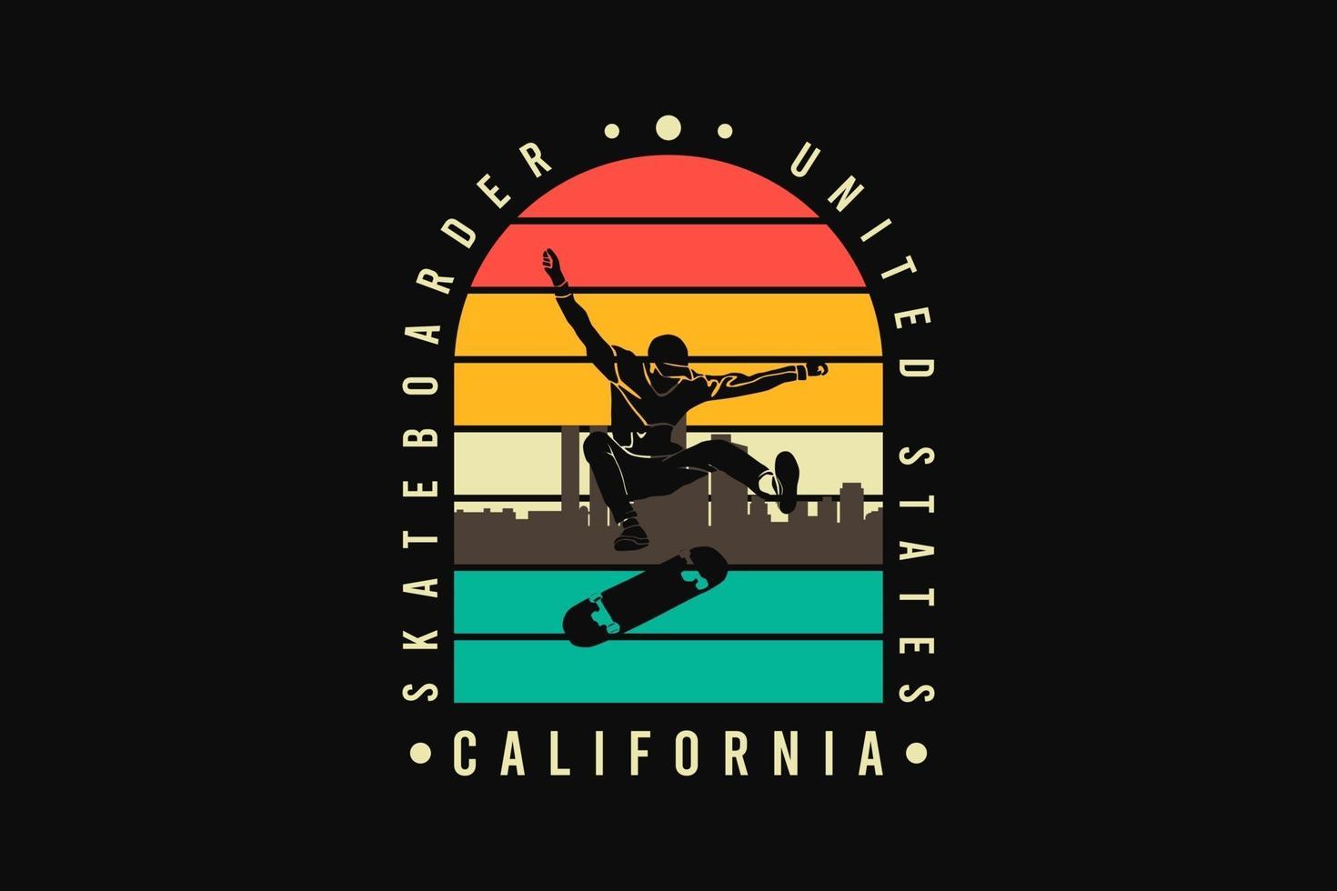 skateboarder california, silhouette in stile retrò vettore