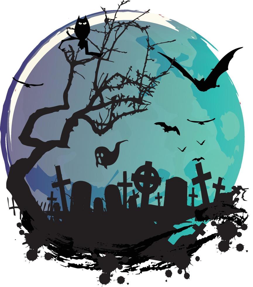 Prihalloween design raccapricciante con ospiti e pipistrelli nel cimitero vettore