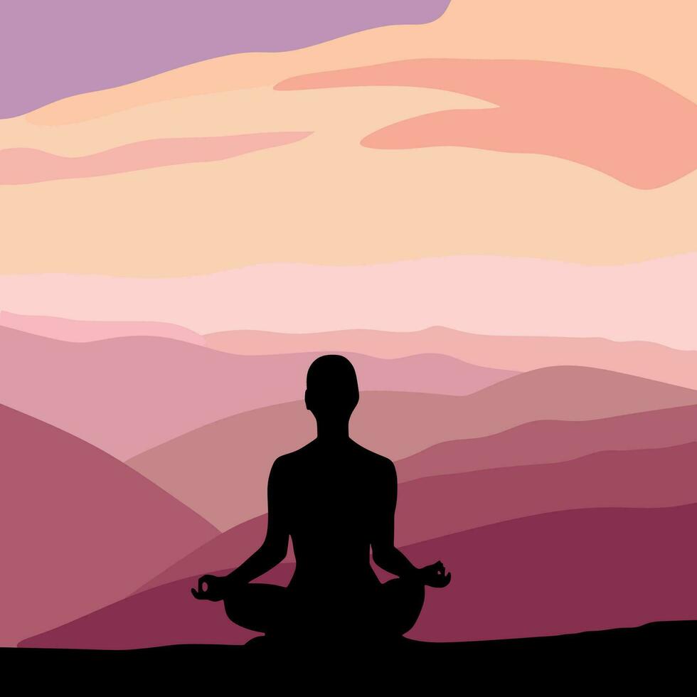 nero ragazza silhouette Meditare nel montagne su un' tramonto vettore