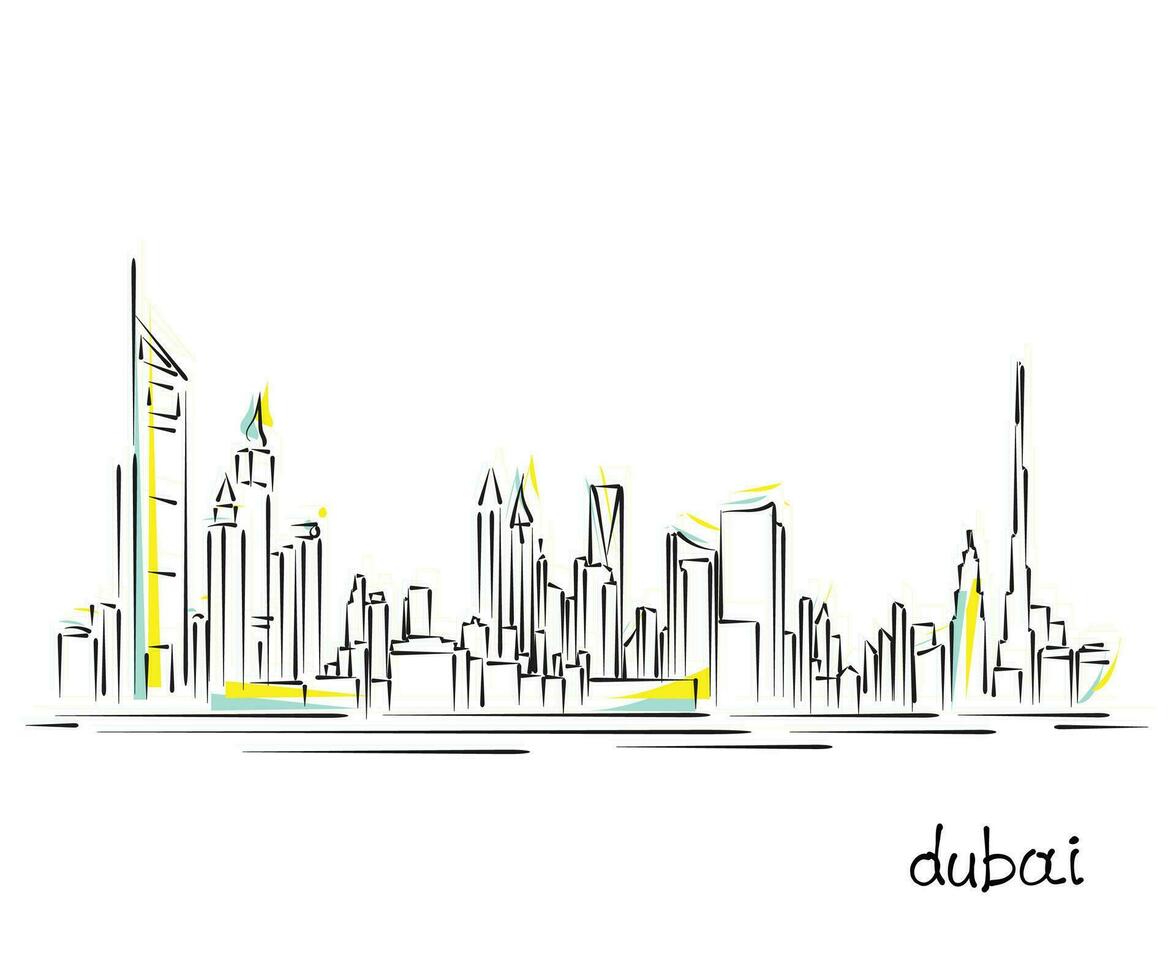 linea arte vettore di dubai paesaggio urbano. dubai orizzonte isolato Stampa