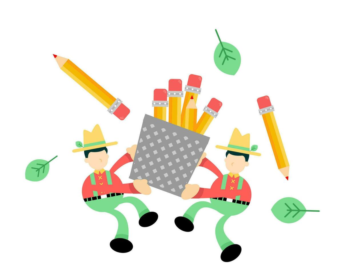 contadino uomo agricoltura e matita secchio Stazionario cartone animato scarabocchio piatto design stile vettore illustrazione