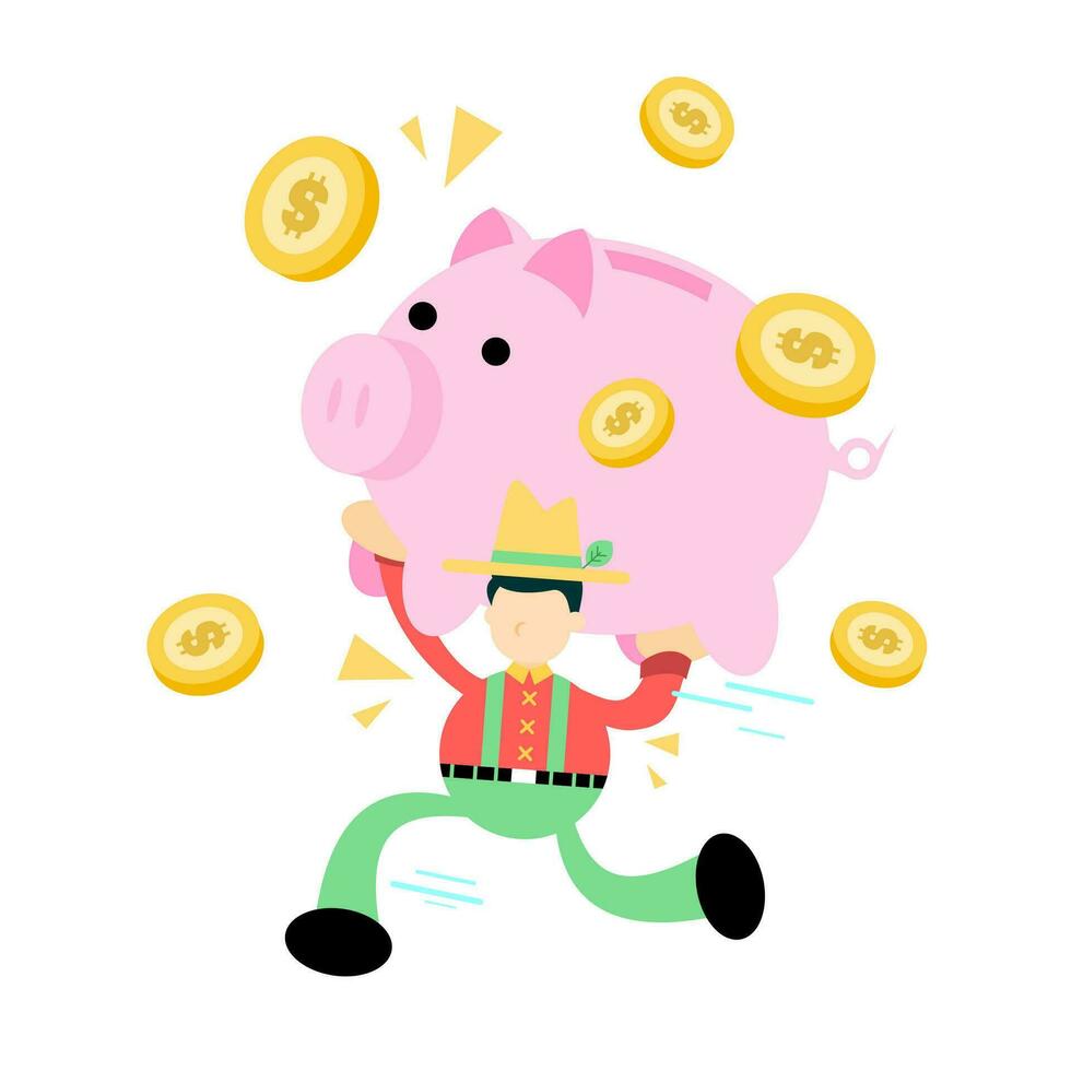 contadino uomo lavoratore raccogliere maiale banca i soldi dollaro economia cartone animato scarabocchio piatto design stile vettore illustrazione