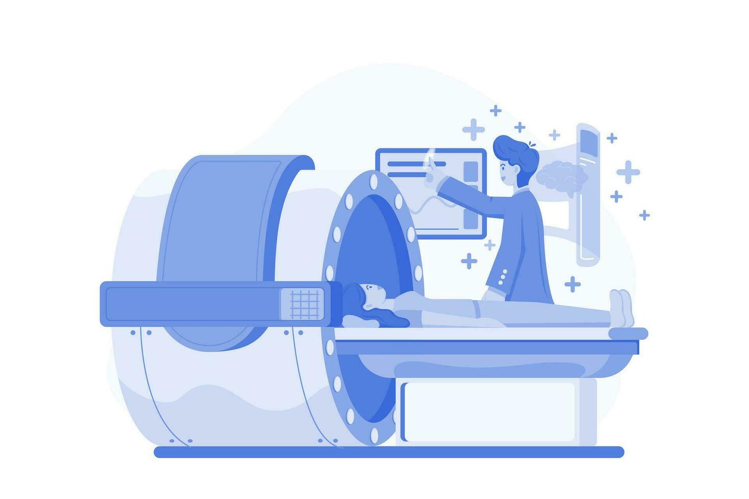 medico che controlla la salute del paziente utilizzando la macchina per la risonanza magnetica vettore