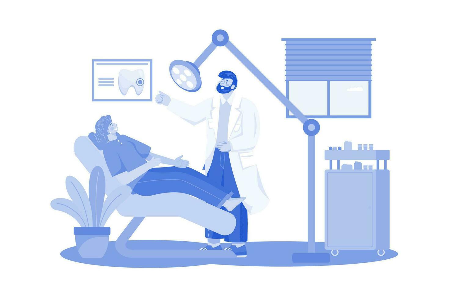 dentista l'esame un' paziente illustrazione concetto su bianca sfondo vettore
