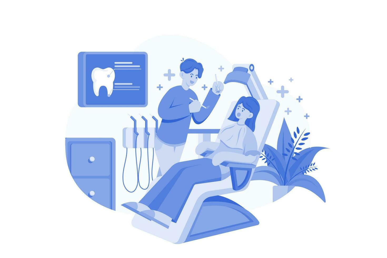 dentista l'esame un' paziente illustrazione concetto su bianca sfondo vettore