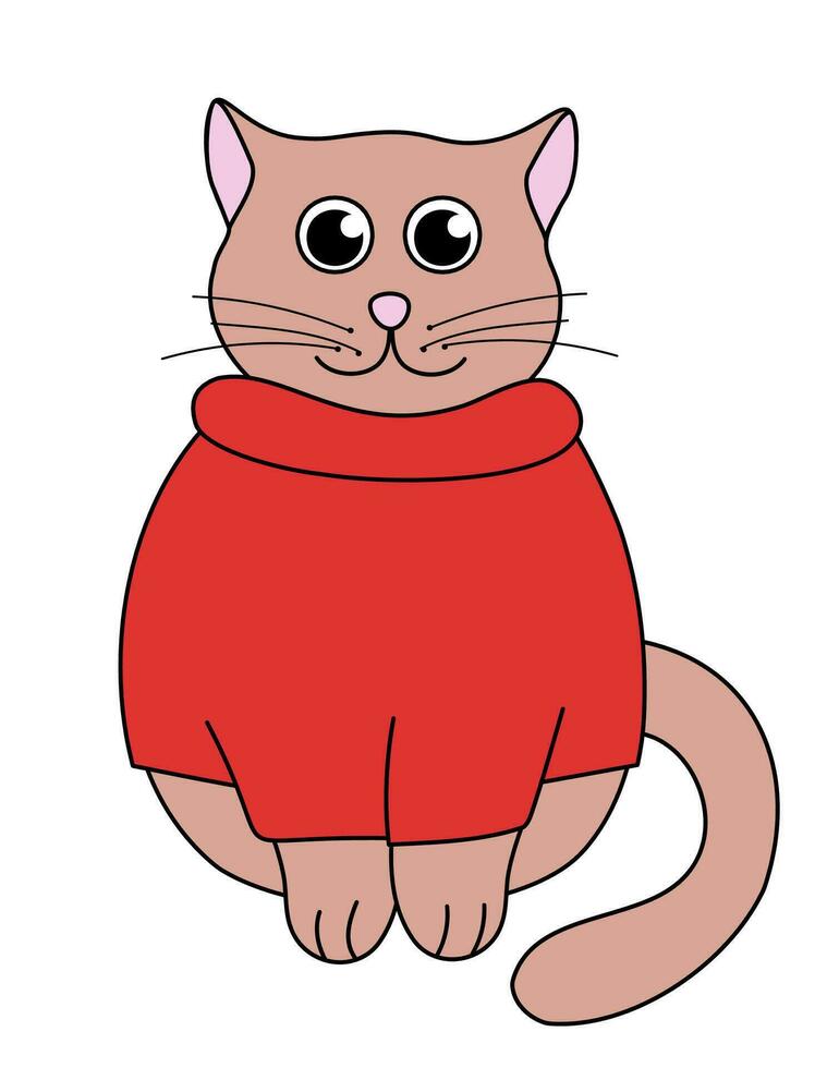cartone animato Marrone gatto carattere. carino gattino con rosso maglione. vettore piatto illustrazione.