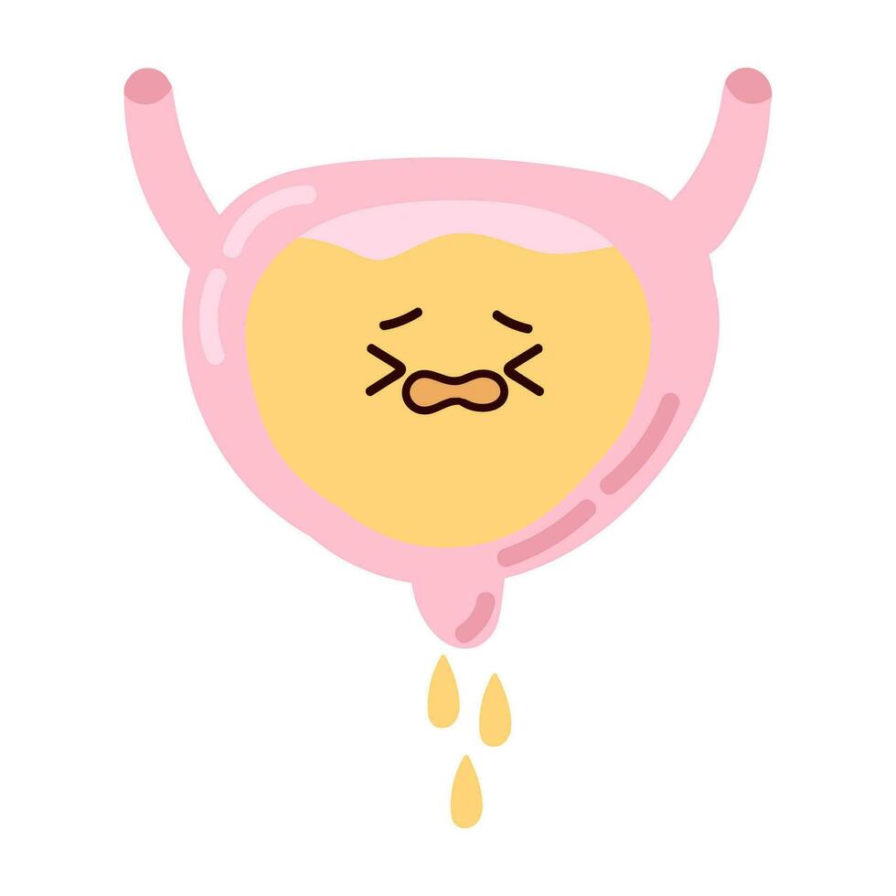 adorabile kawaii umano organo. infelice pieno Vescica urinaria, bambino illustrazione nel piatto stile, incontinenza problema. vettore