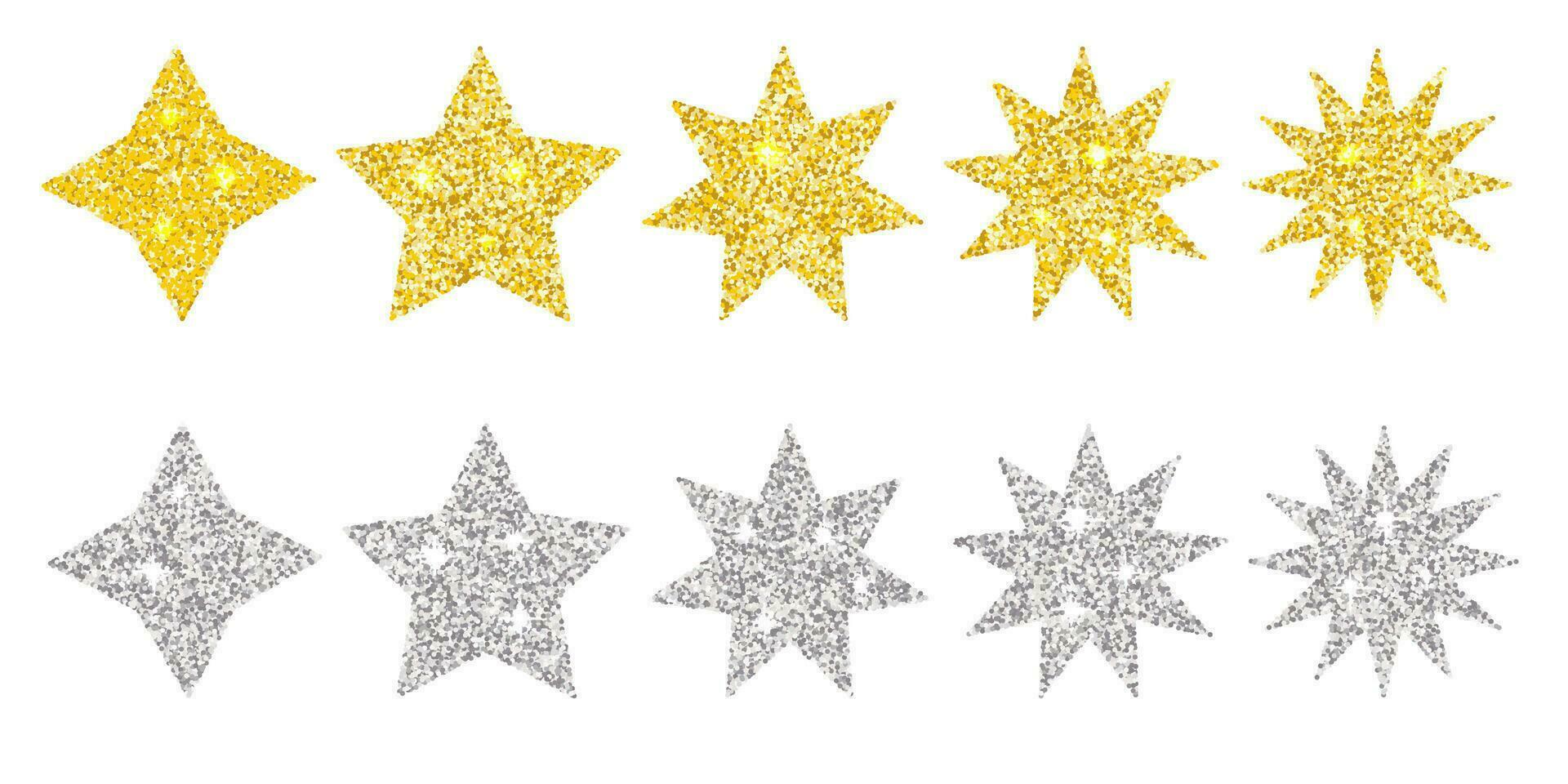 clipart impostato di luccichio stelle di diverso forme nel oro e argento colori. luminosa vettore vacanza arredamento elementi.