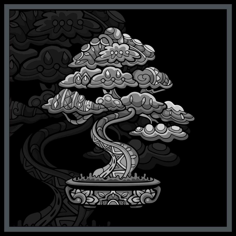 monocromatico Bonsai albero mandala arti isolato su nero sfondo. vettore