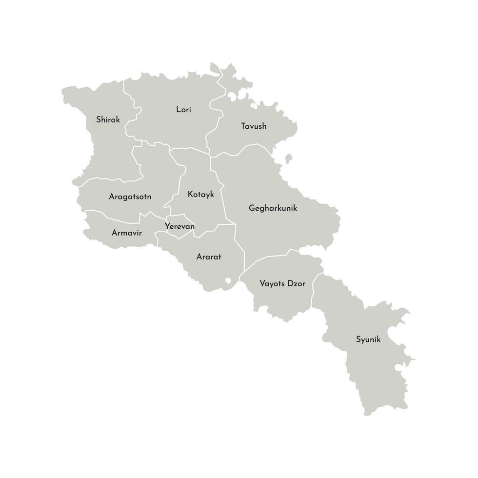 vettore isolato illustrazione di semplificato amministrativo carta geografica di Armenia. frontiere e nomi di il province, regioni. grigio sagome. bianca schema