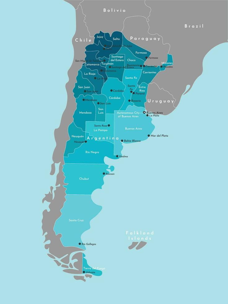 vettore moderno illustrazione. semplificato amministrativo carta geografica di argentina e frontiere con vicino Paesi. blu sfondo di mari e oceani. nomi di argentino città e province