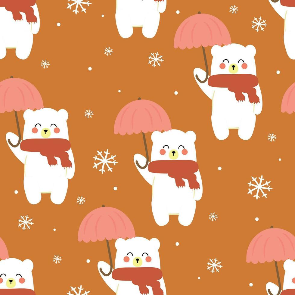cartone animato orso indossare un ombrello carino senza soluzione di continuità modello nel inverno e Natale illustrazione. carino animale sfondo per regalo involucro carta vettore