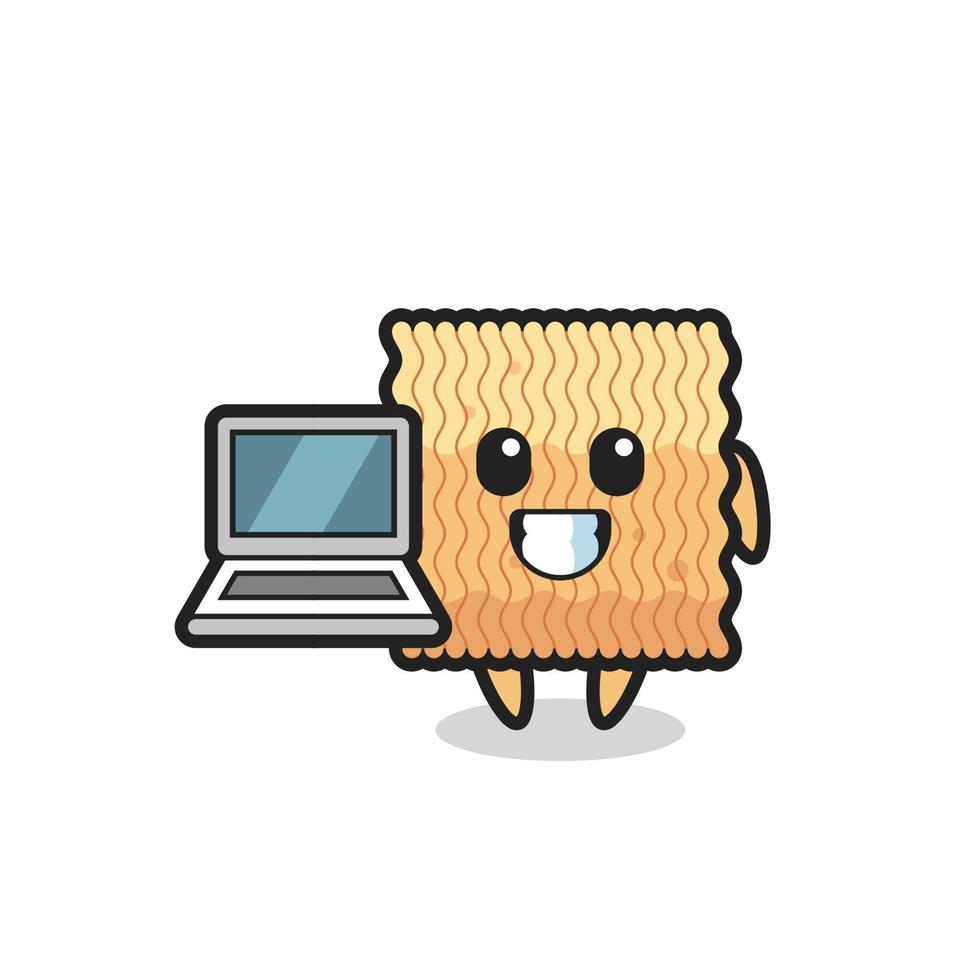 illustrazione mascotte di spaghetti istantanei crudi con un laptop vettore