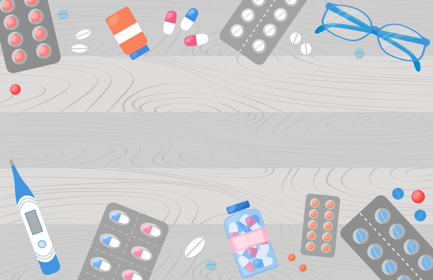 sfondo di farmacia. oggetti di medicina, pillole sul tavolo di legno. vista dall'alto. modello per banner web di vendita o pubblicità in farmacia vettore