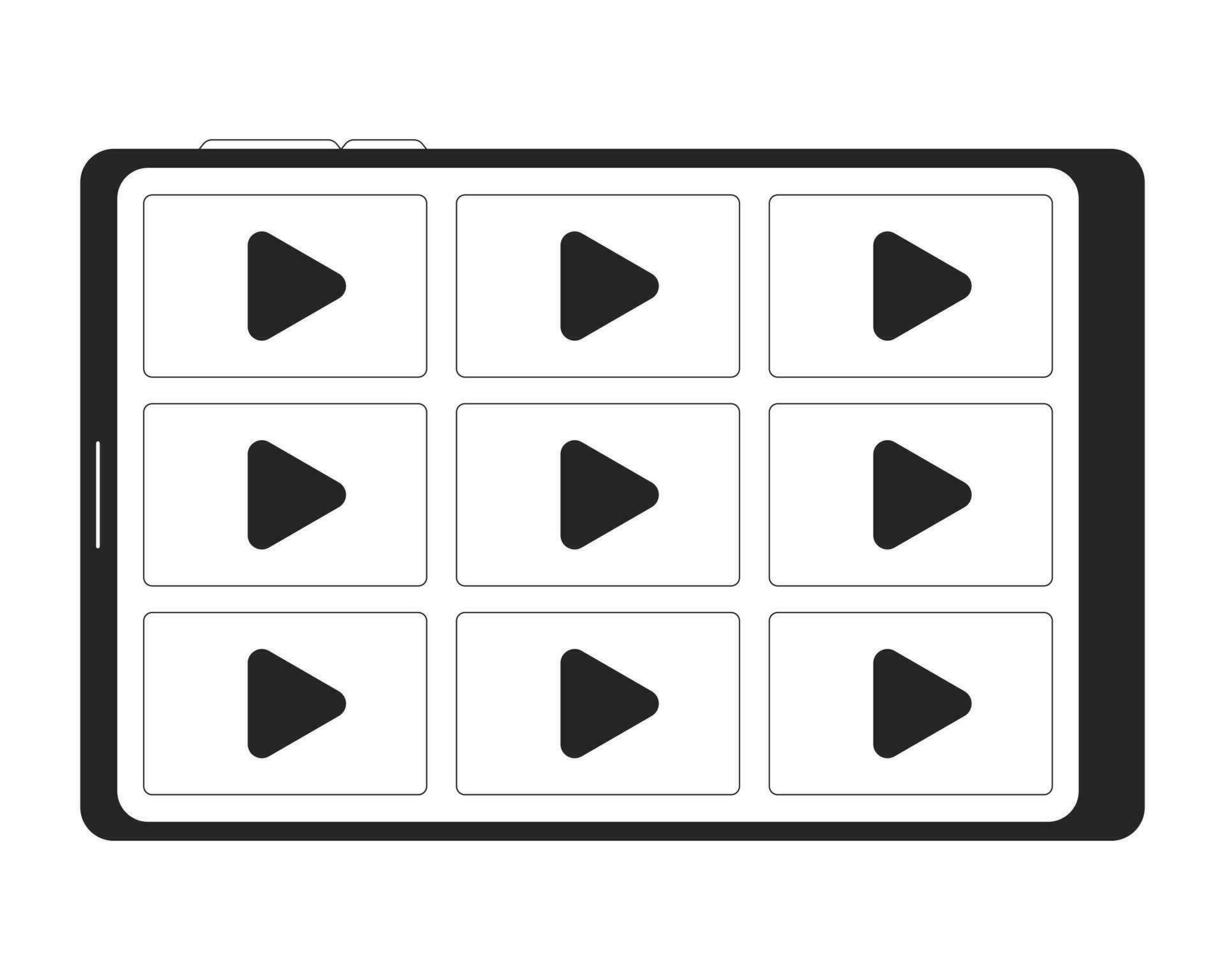 tavoletta computer con streaming piattaforma nero e bianca 2d linea cartone animato oggetto. film, canali video tavoletta schermo isolato vettore schema elemento. orologio serie monocromatico piatto individuare illustrazione