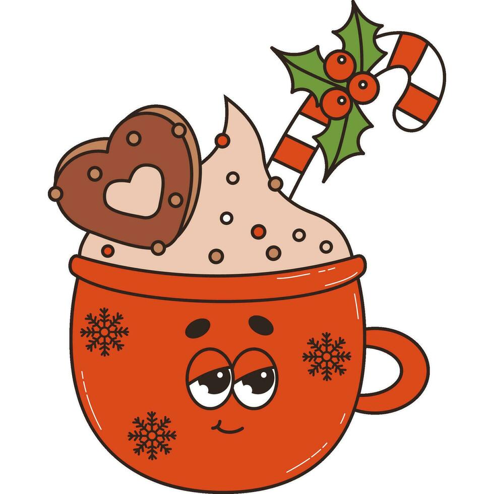 Natale retrò rosso tazza cacao con Pan di zenzero e caramello bastone. 60 -70 anni vibrazioni Groovy carattere. allegro Natale e contento nuovo anno. vettore
