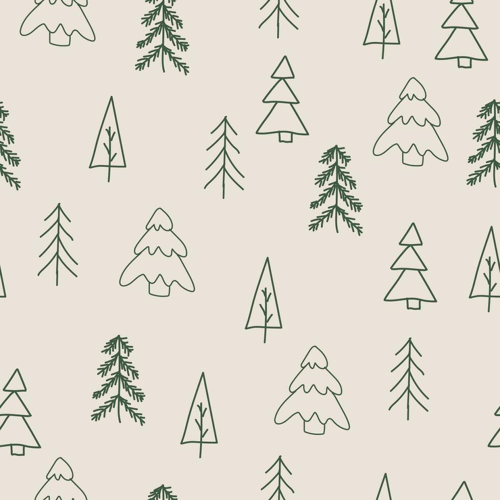 senza soluzione di continuità modello su un' beige sfondo con mano disegnato Natale alberi nel un' scandinavo semplice stile. illustrazione con scarabocchio icone vettore