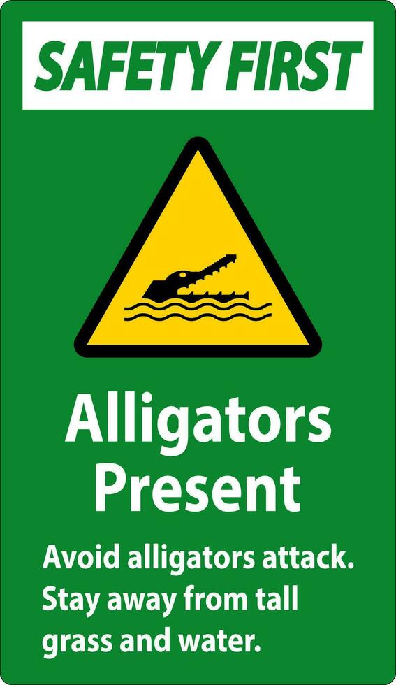 alligatore avvertimento cartello, Pericolo - alligatori presente evitare attacco, restare lontano a partire dal alto erba e acqua vettore