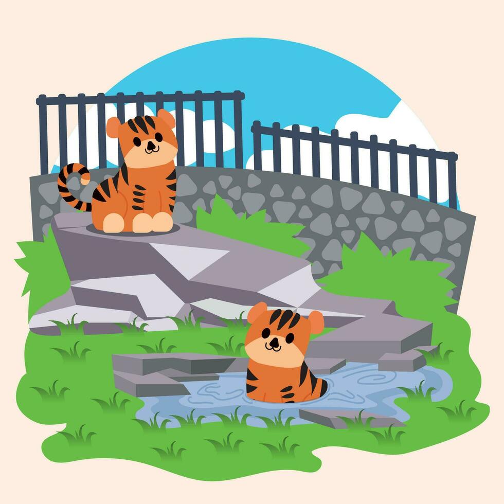 paio di carino tigri su un Aperto zoo vettore illustrazione