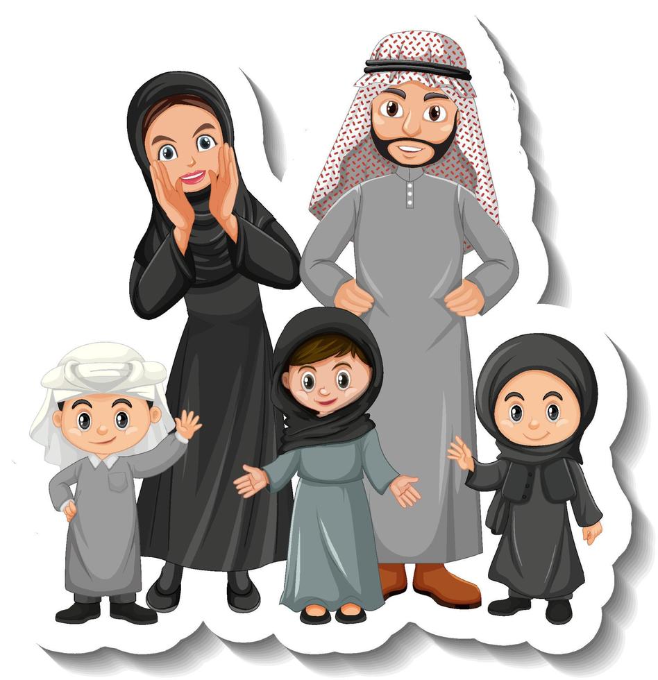 adesivo personaggio dei cartoni animati famiglia araba felice su sfondo bianco vettore
