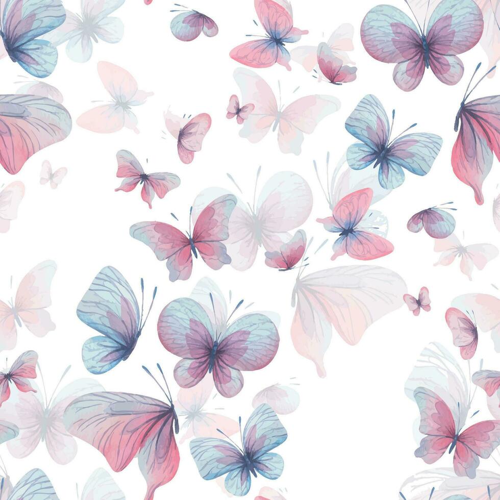 farfalle siamo rosa, blu, lilla, volare, delicato con Ali e spruzzi di dipingere. mano disegnato acquerello illustrazione. senza soluzione di continuità modello su un' bianca sfondo, per design vettore