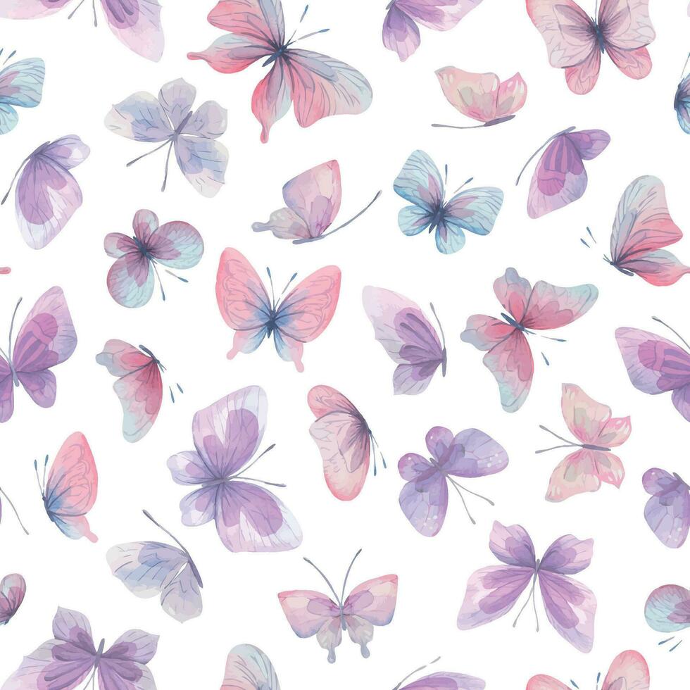 farfalle siamo rosa, blu, lilla, volare, delicato con Ali e spruzzi di dipingere. mano disegnato acquerello illustrazione. senza soluzione di continuità modello su un' bianca sfondo, per design. vettore