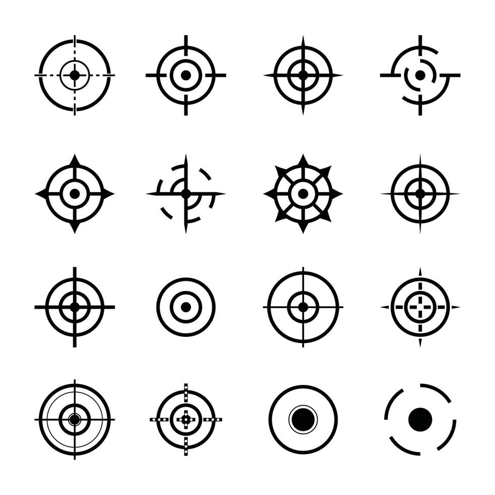 target o puntare icone set di 16 icone in bianco e nero vettore