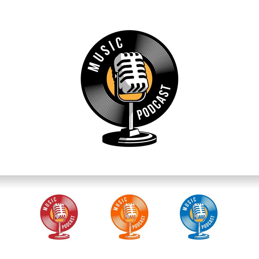 Podcast o logo cantante karaoke vocale con microfono e icona in vinile. vettore