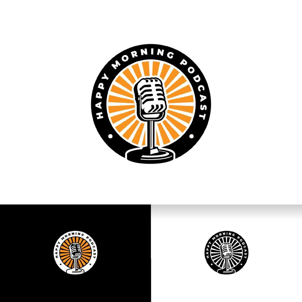 modello di logo podcast. microfono microfono e illustrazione dell'alba. vettore