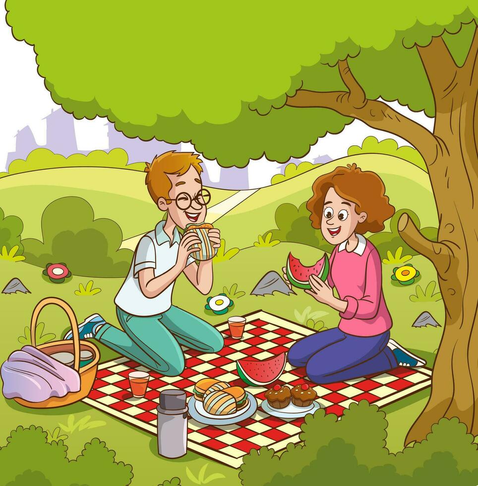 giovane coppia avendo picnic nel il parco. vettore illustrazione nel cartone animato stile.
