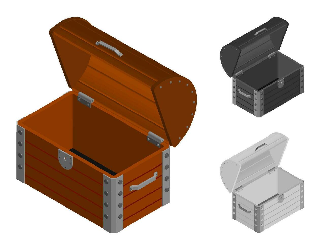 vuoto di legno il petto con Aperto coperchio. fallimento per trova pirata tesori. isometrico 3d vettore