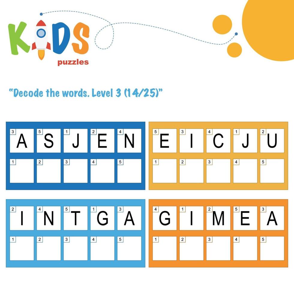 decodificare le parole nascoste. facile foglio di lavoro logico stampabile per bambini vettore