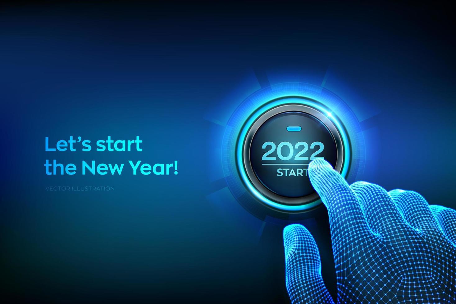 Inizio 2022. dito per premere un pulsante con il testo 2022 start. Buon anno. il nuovo anno duemilaventuno sta arrivando concetto. illustrazione vettoriale. vettore