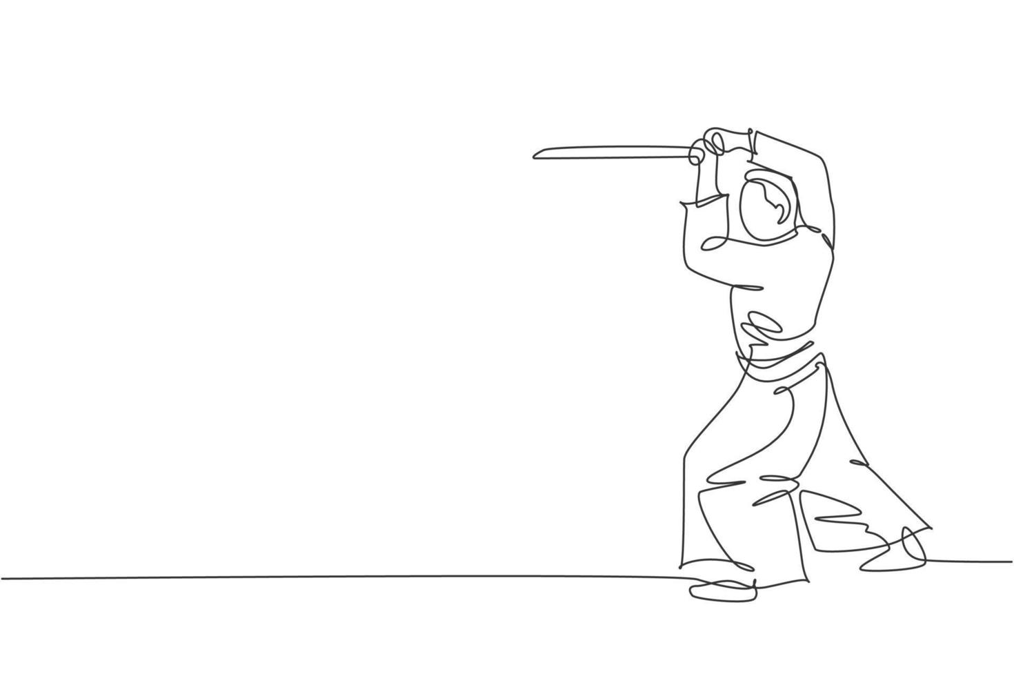 un disegno a tratteggio di un giovane energico che indossa la tecnica dell'aikido di esercizio del kimono con la spada di legno nell'illustrazione vettoriale del palazzetto dello sport. concetto di sport stile di vita sano. disegno di disegno a linea continua