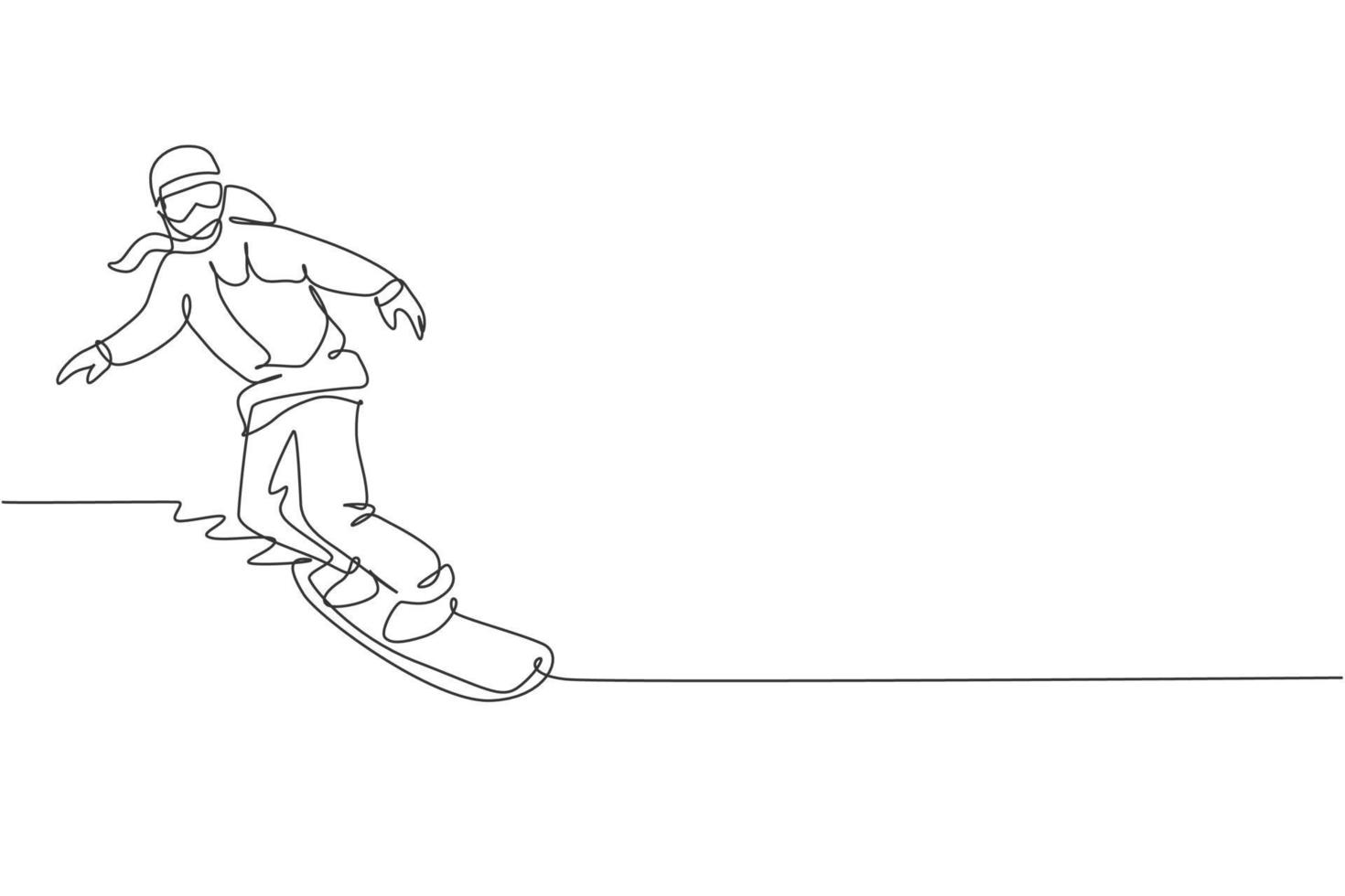 una linea continua che disegna giovane donna sportiva snowboarder in sella a snowboard in montagna innevata delle Alpi. concetto di sport lifestyle invernale. illustrazione vettoriale grafica di disegno dinamico a linea singola