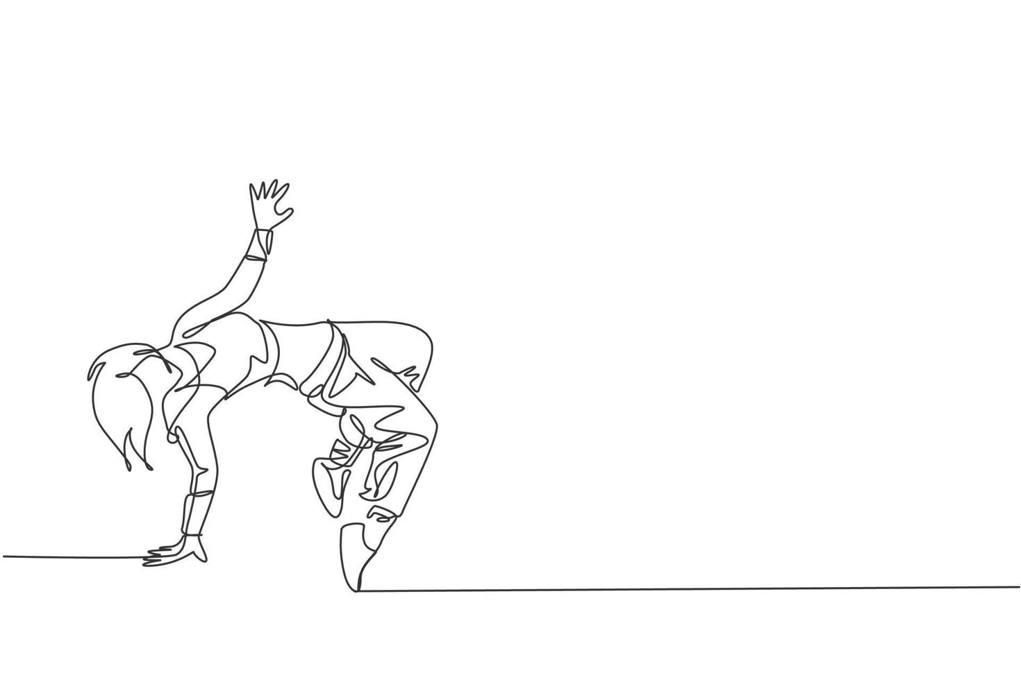 disegno a linea continua di una giovane energica ballerina hip-hop che pratica la break dance in strada. concetto di stile di vita di generazione urbana. illustrazione vettoriale di design grafico di una linea alla moda di disegno