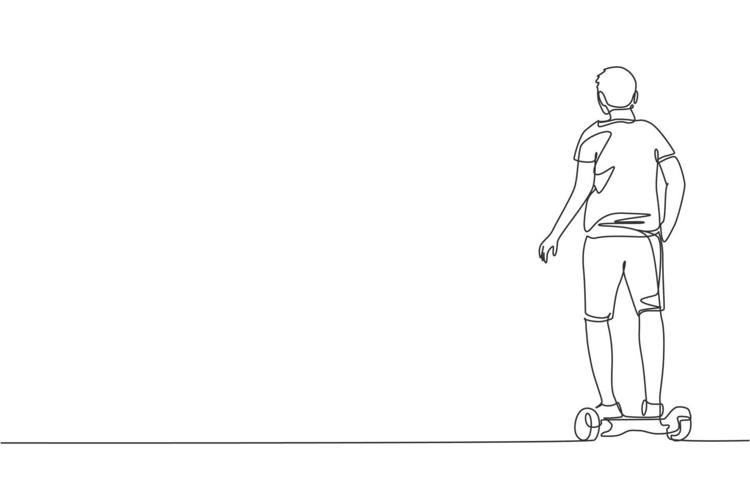 una linea continua che disegna un giovane uomo felice in piedi e cavalca l'hoverboard nel parco all'aperto. trasporto verde. futuro concetto di stile di vita urbano. illustrazione grafica vettoriale di disegno dinamico a linea singola