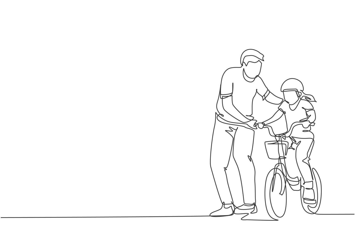 un unico disegno a tratteggio giovane padre che insegna a sua figlia in bicicletta all'illustrazione grafica vettoriale del parco pubblico. lezione di paternità. concetto di tempo familiare urbano. design moderno a linea continua