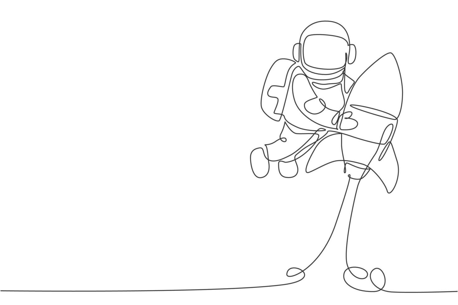 un singolo disegno a tratteggio dell'astronauta in tuta spaziale che galleggia e scopre lo spazio profondo mentre tiene l'illustrazione dell'astronave del razzo. esplorando il concetto di spazio esterno. design moderno a linea continua vettore